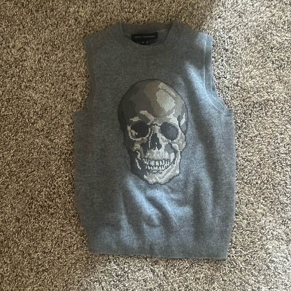 Skull Cashmere XS Sleeveless Sweater Med Gray Cross-Stitch Skull Crewneck NWOT